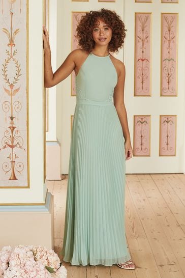 Love & Roses Green Sage Pleated Lace Insert Bridesmaid Maxi Dress
