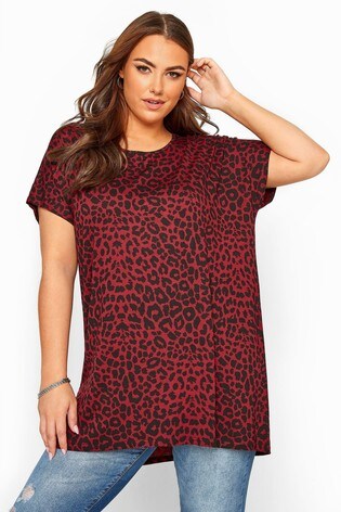 Yours Curve Red Leopard Print Dipped Hem T-Shirt