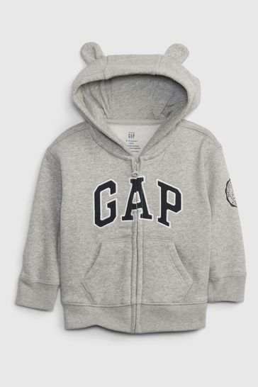 Gap Light Grey Logo Zip Up Bear Ear Baby Hoodie