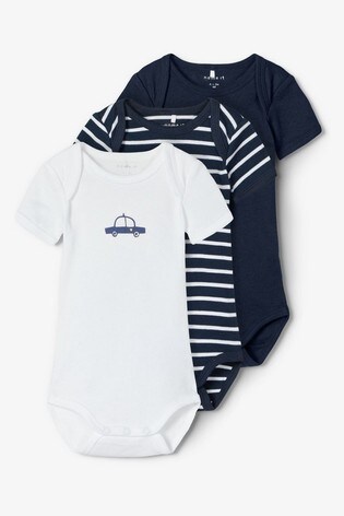 Name It Navy Stripe and Car Print Short Sleeve Bodysuit 3 Pack