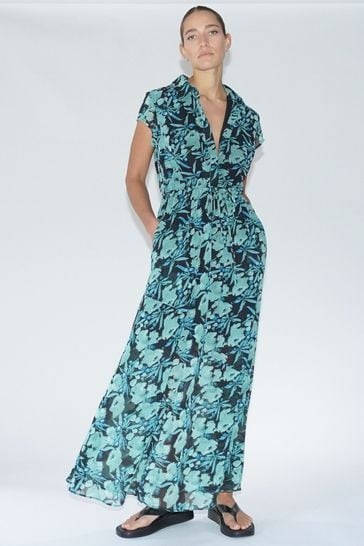 Religion Green Floral Maxi Midi Shirt Dress With Tie Waist