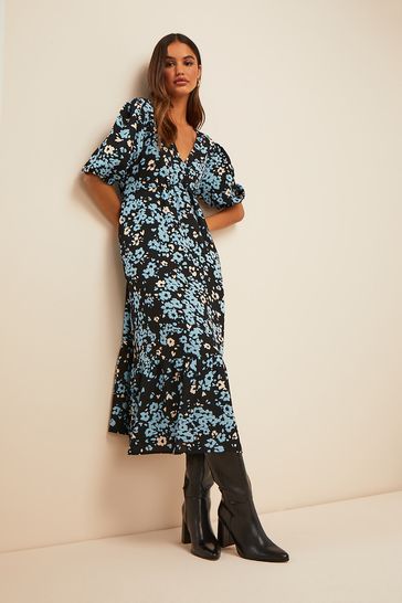 Short Sleeve V Neck Pephem Midi Dress 