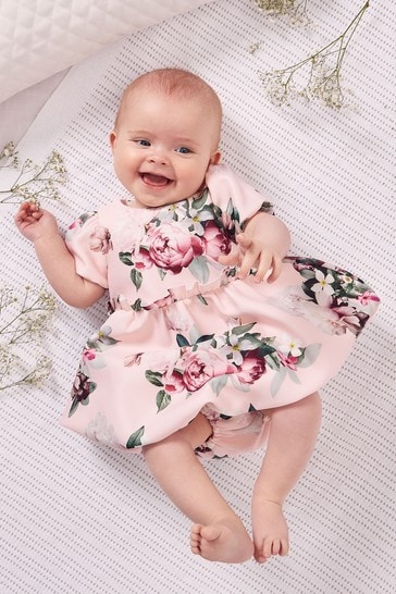 Lipsy Pink Floral Baby Puff Sleeve Dress With Matching Knicker