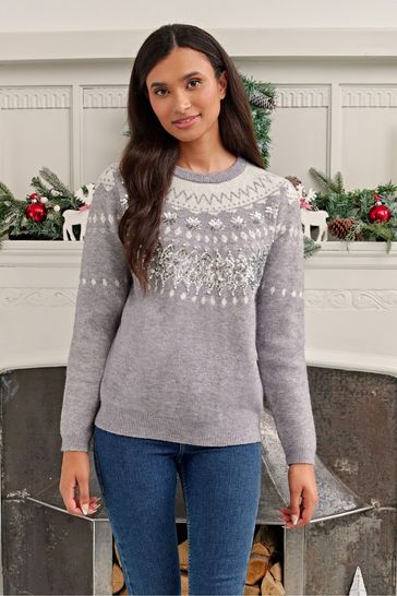 Society 8 Grey Fairisle Sequin Matching Family Elf Christmas Jumper