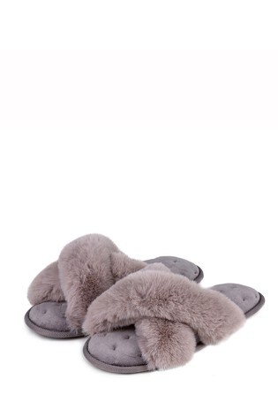 Totes Grey Fluffy Cross Front Slippers