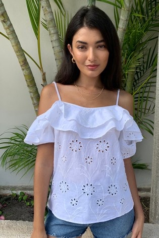 Lipsy White Broderie Cold Shoulder Frill Top