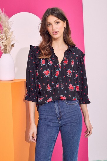 Love & Roses Black and Red Printed Patched Pin Tuck Shirt