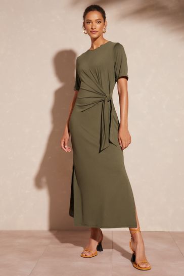 Buy Love Roses Khaki Green Jersey Short Sleeve Belted Midi Dress
