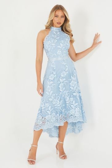 Quiz Light Blue Embroidered Dip Hem Dress