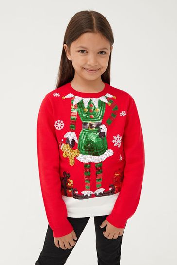Buy Society 8 Red Elf Matching Family Elf Christmas Jumper from Next Luxembourg