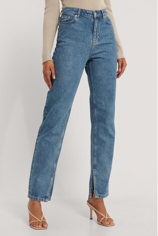 NA-KD Mid Blue Side Slit Straight Leg Denim Jeans