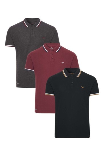 Threadbare Grey, Red and Black Short Sleeve Polo 3 Pack Shirt