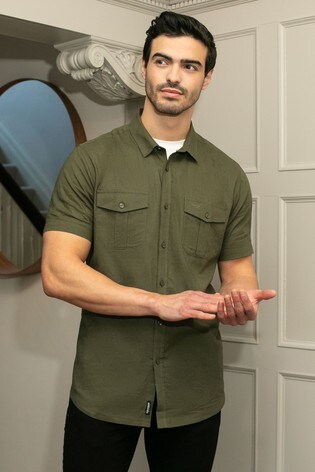 Threadbare khaki Force Linen Blend Short Sleeve Shirt