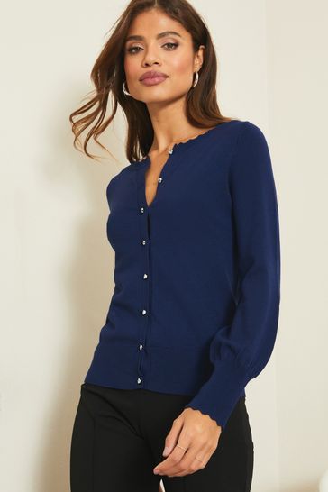 Lipsy Navy Scallop Detail Tipped Crew Neck Button Up Cardigan