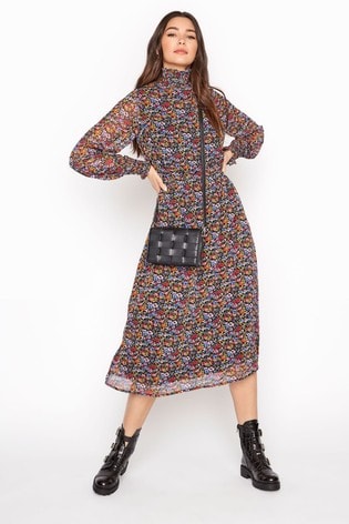 Long Tall Sally Black Multi Floral Chiffon Shirred Midi Dress