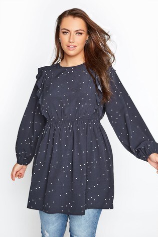 Yours Limited Blue Polka Dot Frill Smock Top