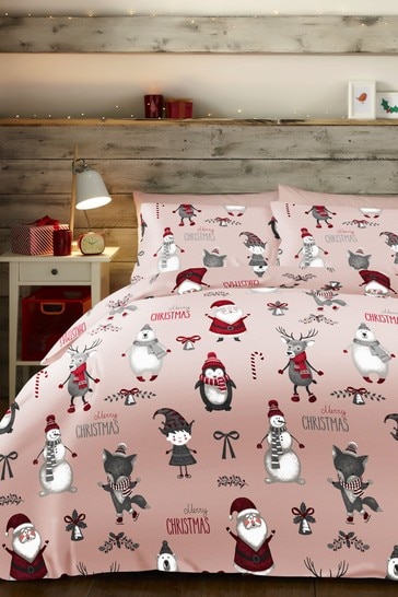 Bedlam Pink Christmas Party Duvet Cover and Pillowcase Set