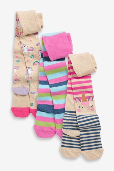 Pink 3 Pack Cotton Rich Unicorn Tights
