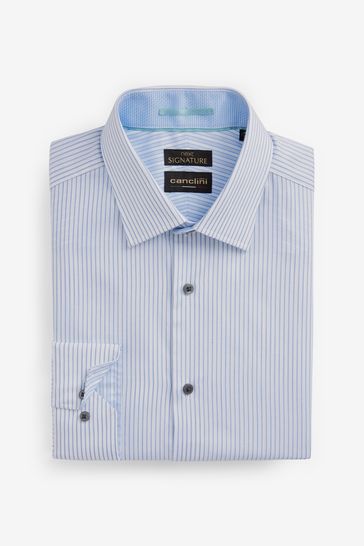 Textured Blue Stripe Slim Fit Single Cuff Italian Fabric Canclini Signature Shirt