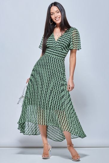 Jolie Moi Green V-Neck Pleated Chiffon Maxi Dress