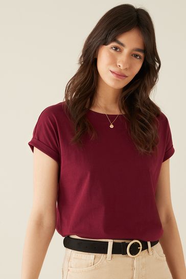 Burgundy Red 100% Cotton Round Neck Cap Sleeve T-Shirt
