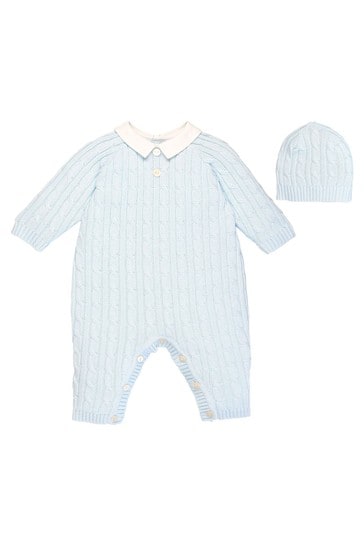 Emile et Rose Blue Cable Knit All-In-One And Hat