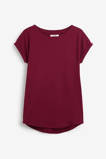 Burgundy Red 100% Cotton Round Neck Cap Sleeve T-Shirt