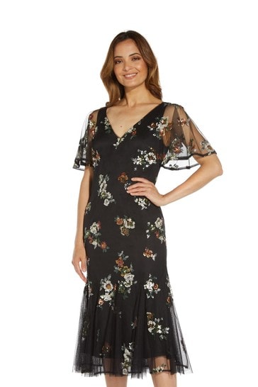 Buy Adrianna Papell Black Floral Sequin Godet Midi Dress from Next