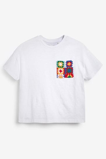 White Crochet Pocket T-Shirt (3-16yrs)