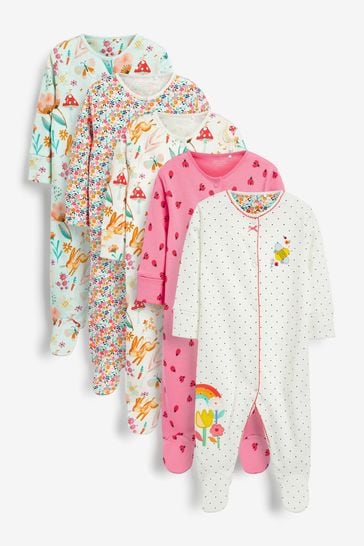 Bright Pink/White Floral Baby 5 Pack Sleepsuits (0-2yrs)