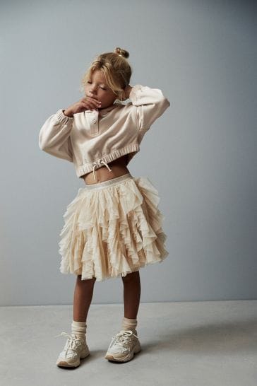 Ecru Cream/Gold Sparkle Tiered Tulle Mesh Skirt (3-16yrs)