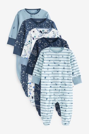 Blue Cosmic Print 5 Pack Baby Sleepsuits (0-2yrs)
