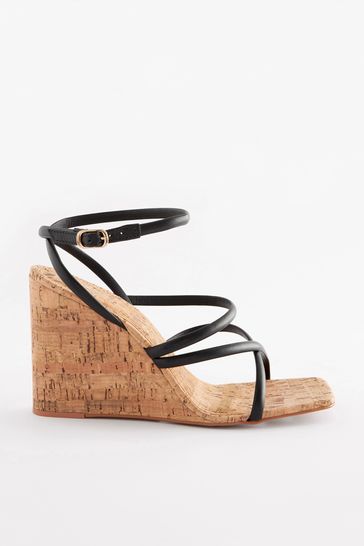 Buy Black Signature Leather Strappy Cork Wedges from Next Austria
