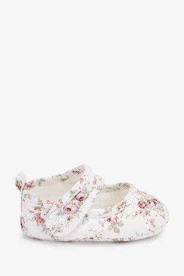 White Floral Cotton Mary Jane Baby Shoes (0-18mths)