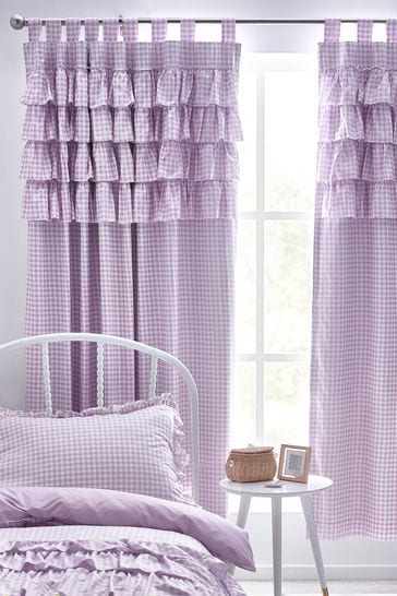 Lilac Purple Gingham Ruffle Tab Top Blackout Curtains
