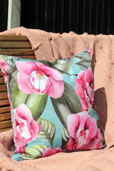 Evans Lichfield Duck Egg Blue Orchids Outdoor Polyester Filled Cushion