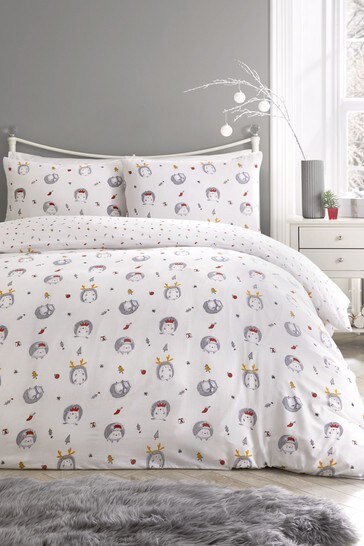 Fusion Red Kids Christmas Holly Hedgehog Duvet Cover and Pillowcase Set