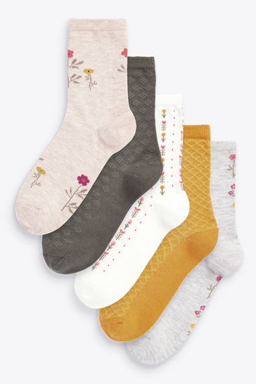Ochre Yellow Floral Texture Ankle Socks 5 Pack