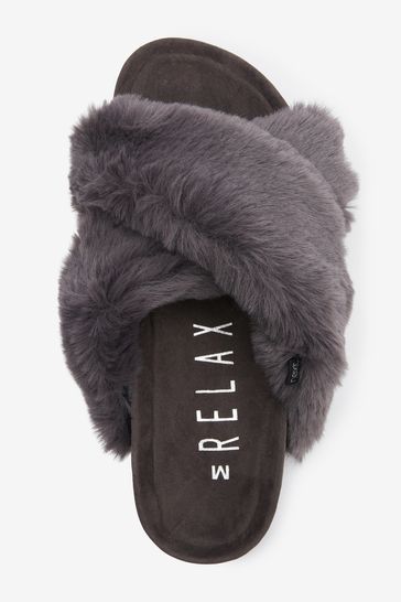 Grey Recycled Faux Fur Cork Crossover Slippers