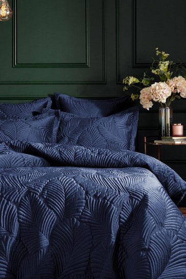 Paoletti Navy Blue Palmeria Quilted Velvet Duvet Cover and Oxford Border Pillowcase Set