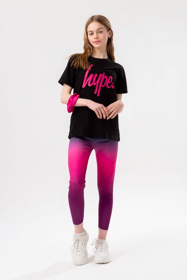 Hype. Girls Black to Pink Fade Script T-Shirt, Leggings and Scrunchie Set