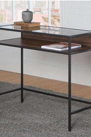 Banbury Designs Metal and Wood Compact Desk with Clear Glass