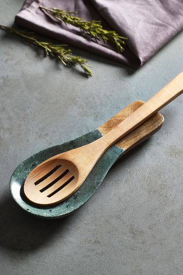 Green Marble and Wood Spoon Rest
