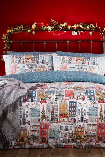furn. Multicolour Multicolour Festive Town Christmas Reversible Duvet Cover and Pillowcase Set