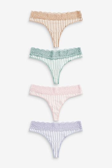 Stripe Thong Lace Trim Cotton Blend Knickers 4 Pack