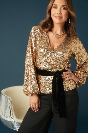 Gold sequin shop wrap top