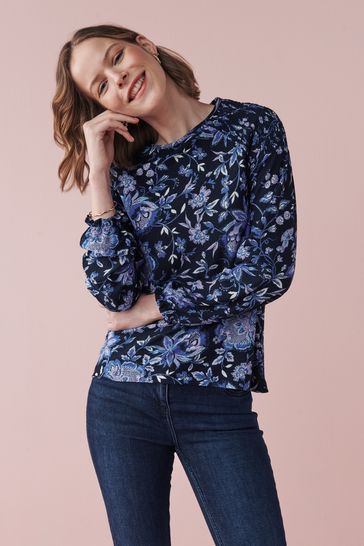 Navy Blue Floral Long Sleeve Shirred Top
