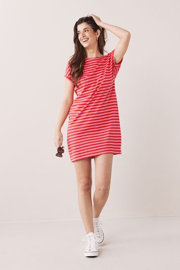 Pink/Red Stripe Relaxed Cap Sleeve Tunic Summer Dress