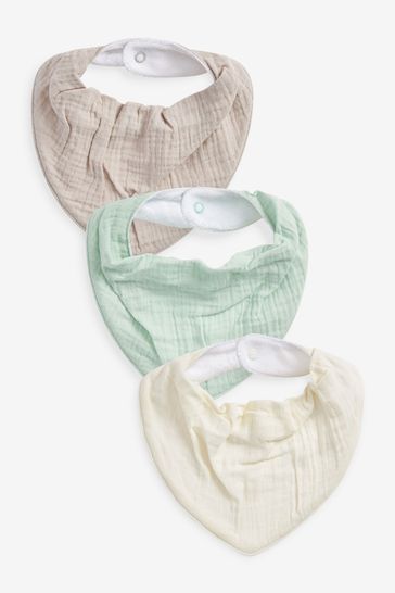 White Green and Grey 3 Pack Baby Muslin Dribble Bibs