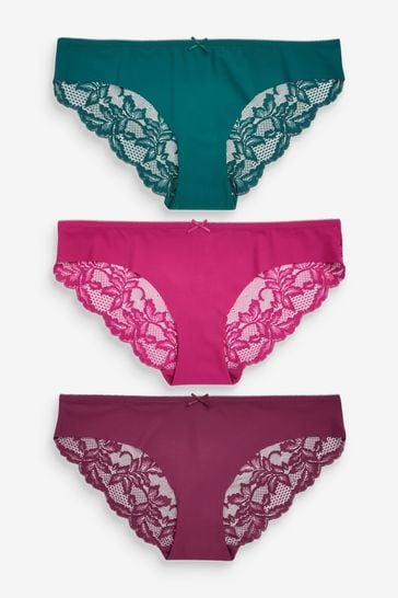 Pink/Purple/Green Brazilian No VPL Lace Back Briefs 3 Pack